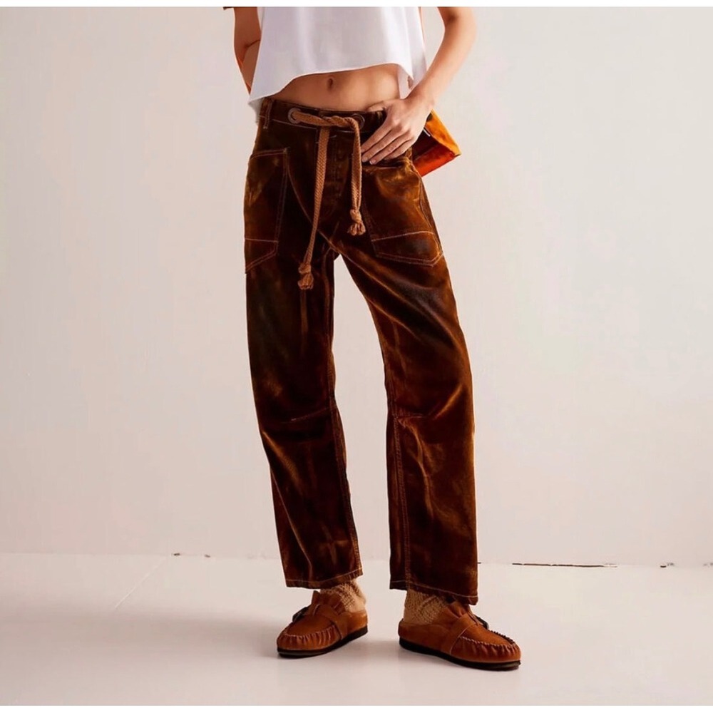 We The Free Free People Flocked Moxie Barrel Pant Brown Rope Belt Jeans HTF 27
